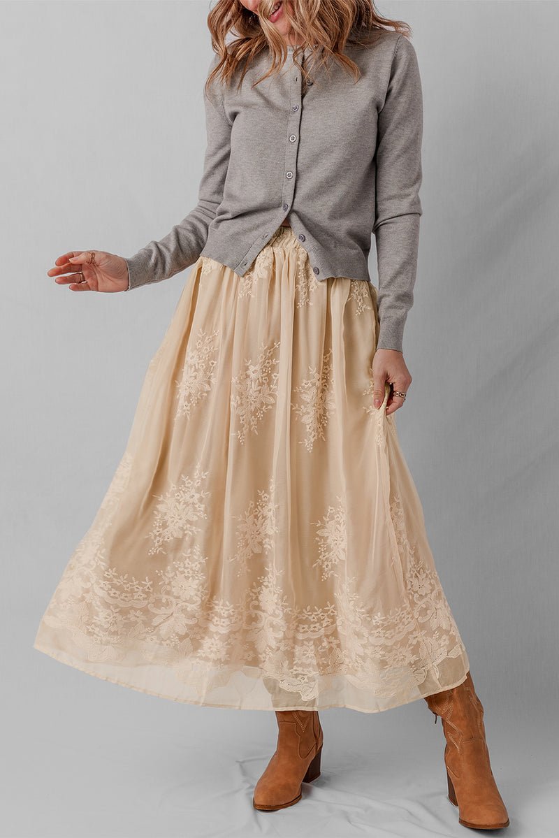 Embroidered Mesh Overlay Flowy Long Skirt