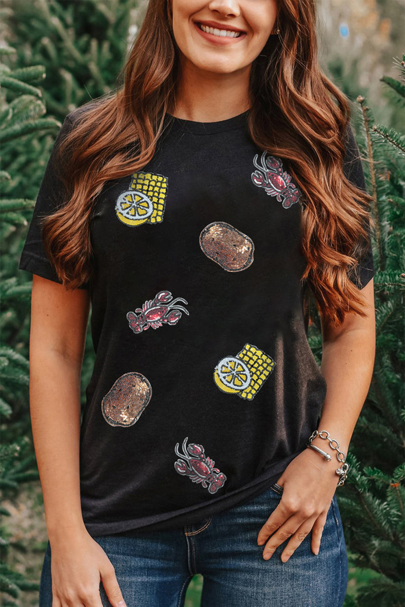 Sequin Crawfish Potato Lemon Corn Graphic Crewneck T Shirt