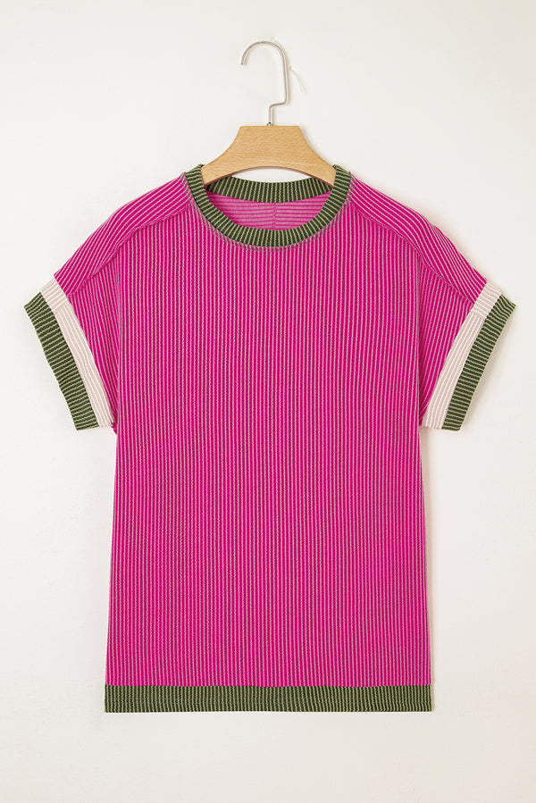 Solid Textured Contrast Trim Round Neck T Shirt