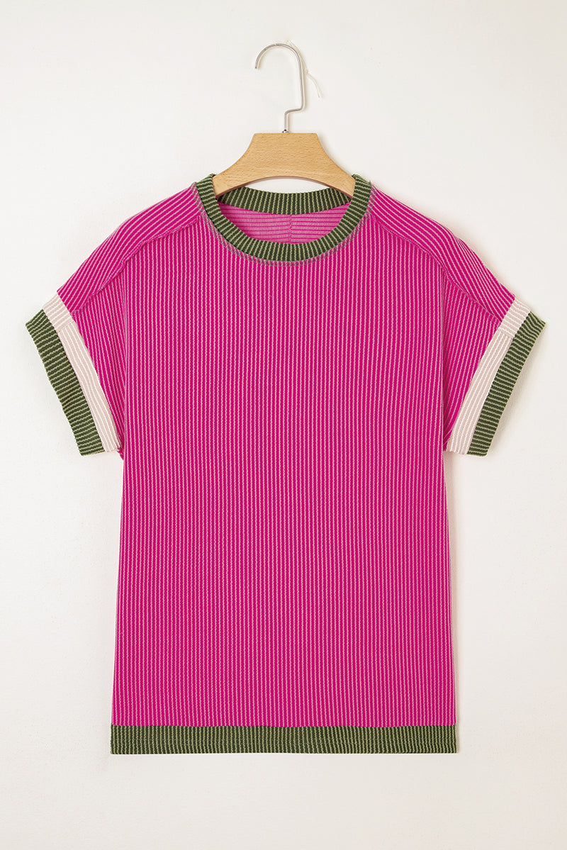 Solid Textured Contrast Trim Round Neck T Shirt