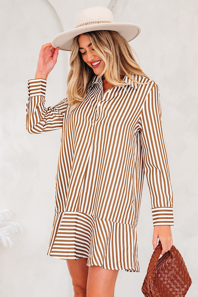 Stripe Ruffled Hem Collared Long Sleeve Shirt Mini Dress