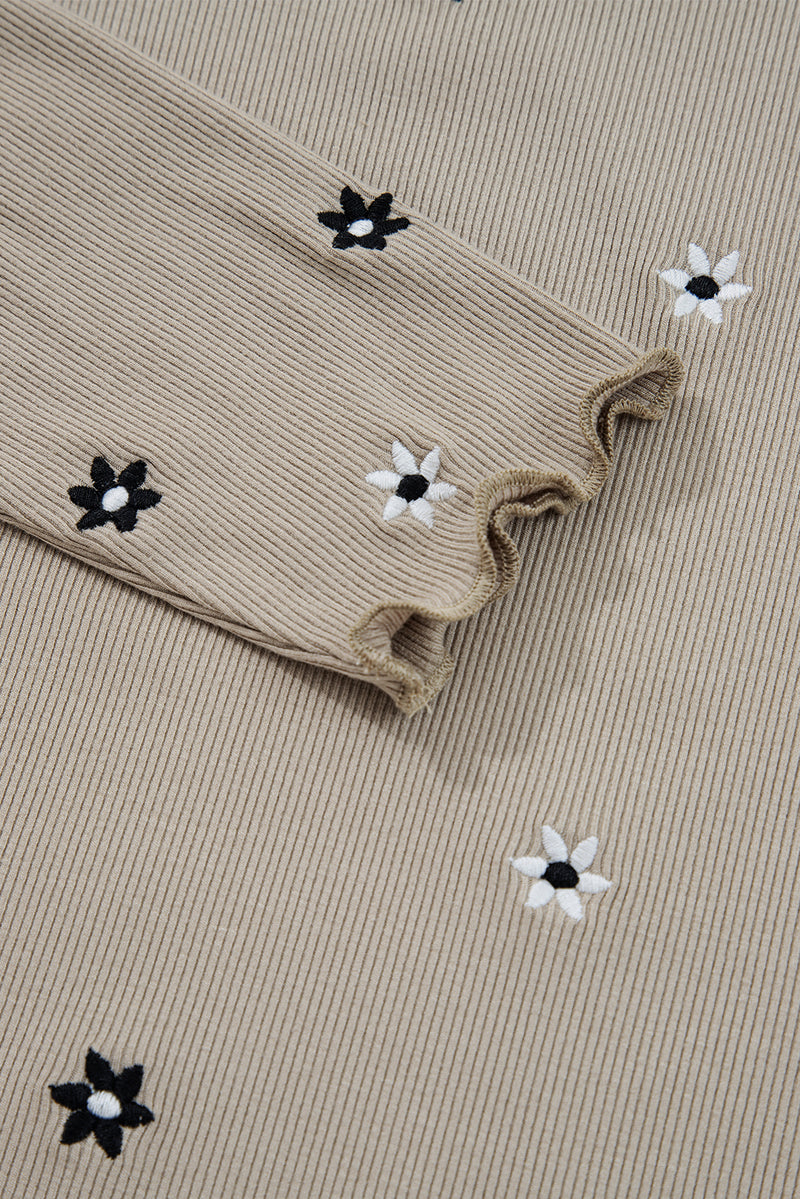 Floral Embroidered Detail Ribbed Long Sleeve Top