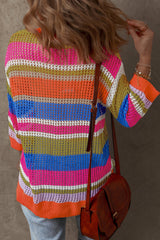 Orange Stripe Colorblock Hollowed Crochet 3/4 Sleeve Sweater