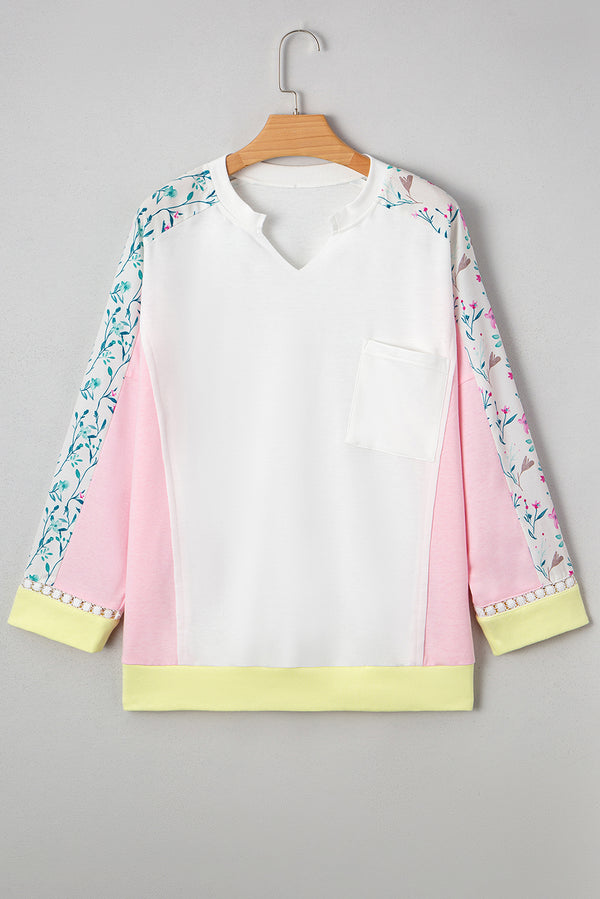 Floral Colorblock Patchwork Chest Pocket Notched Neck Long Sleeve Top
