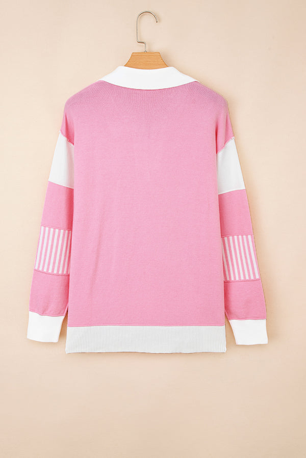 Contrasting Polo Collar Color Block Knit Drop Shoulder Sweater