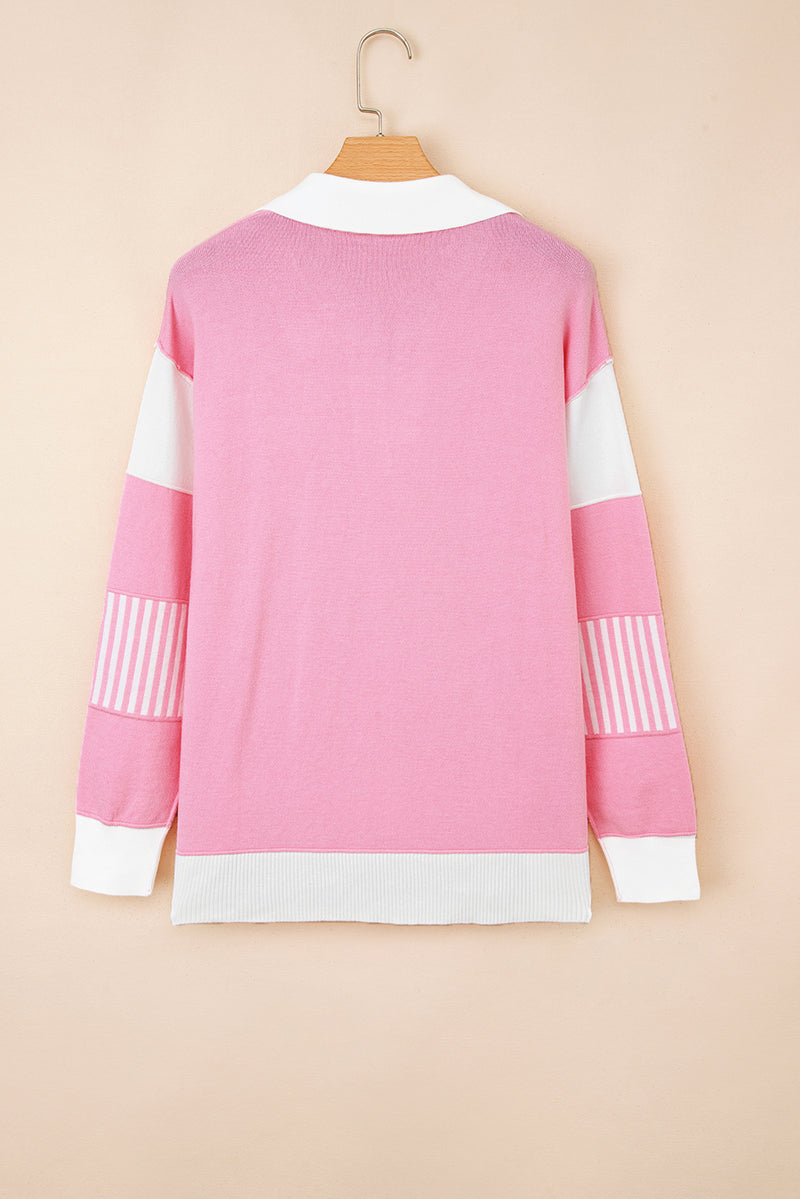 Contrasting Polo Collar Color Block Knit Drop Shoulder Sweater