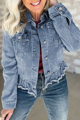 Trucker Beau Blue Ruffle Raw Hem Flap Pockets Denim Jacket