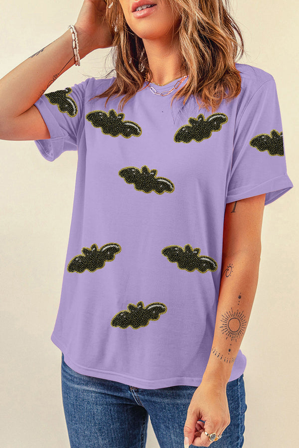 Sequin Halloween Bat Patched Casual T Shirt