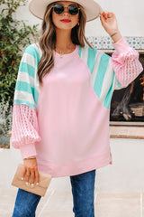 Striped Colorblock Patchwork Raglan Pullover Top with Slits