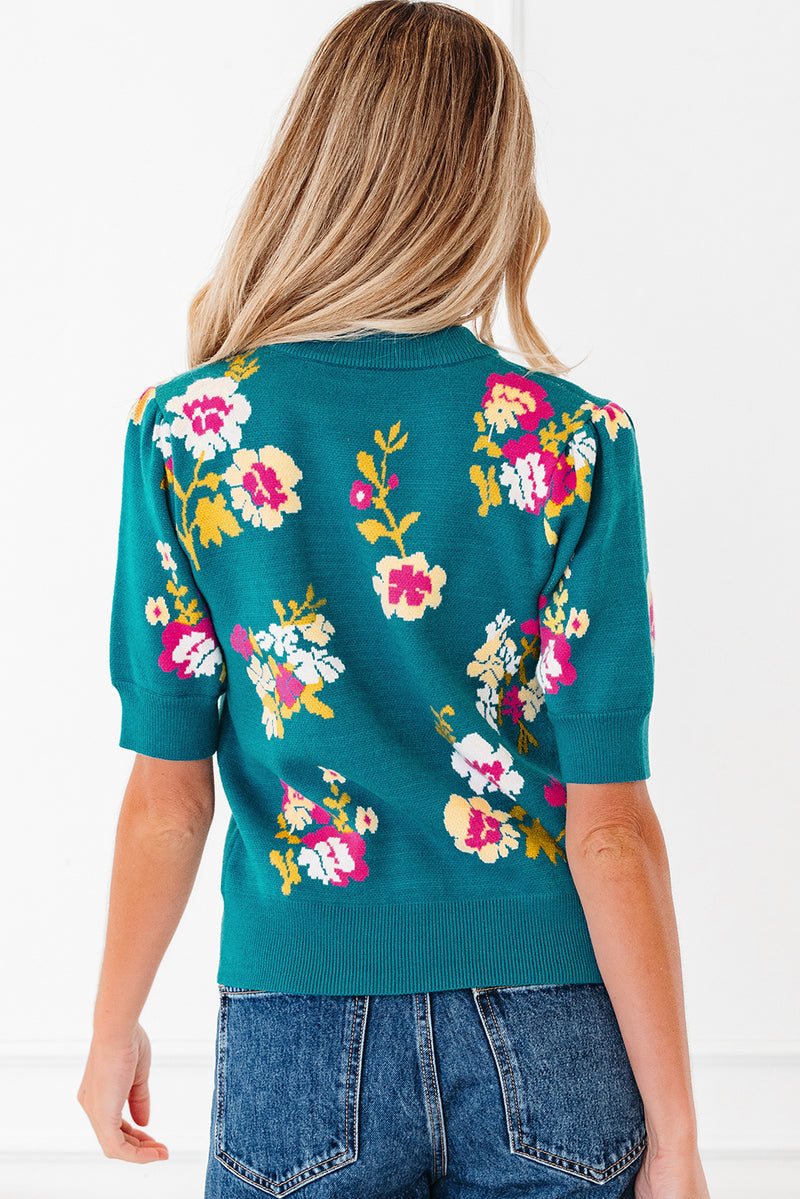 Teal Flower Pattern Mock Neck Short Sleeve Knitted T Shirt