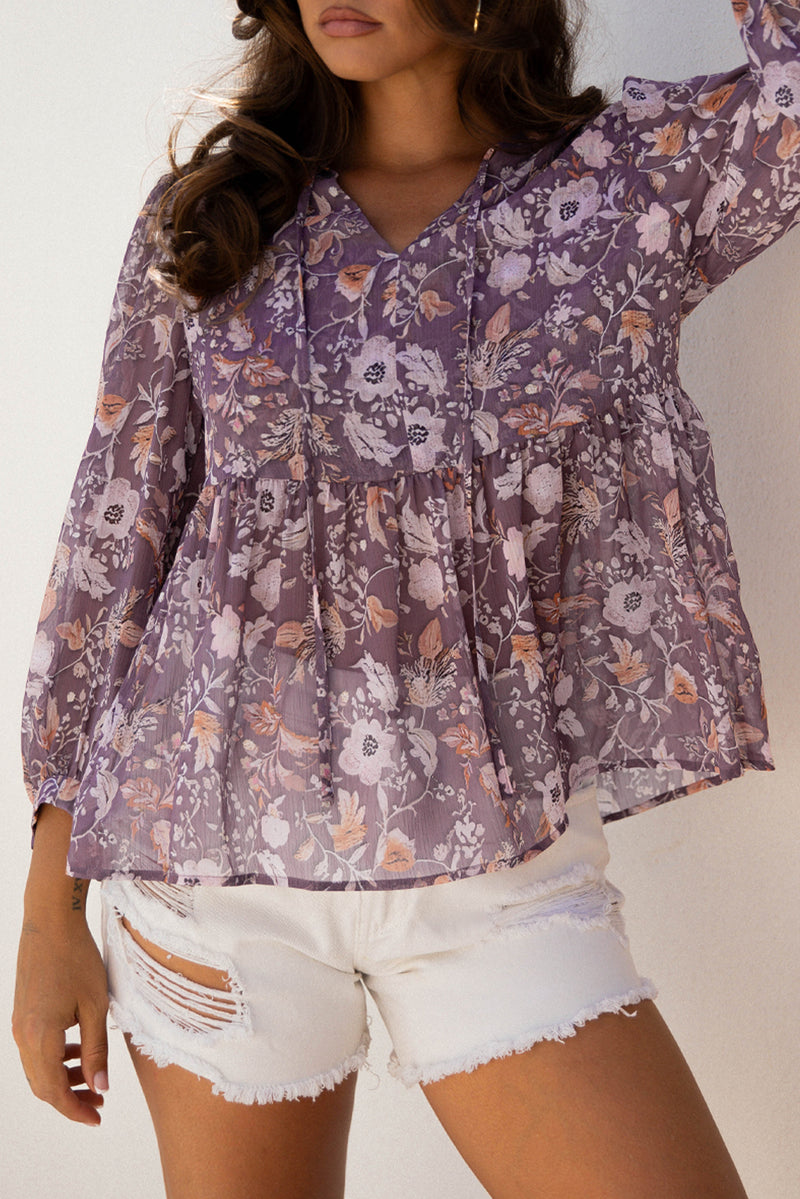Boho Flower Print 3/4 Sleeve Babydoll Blouse