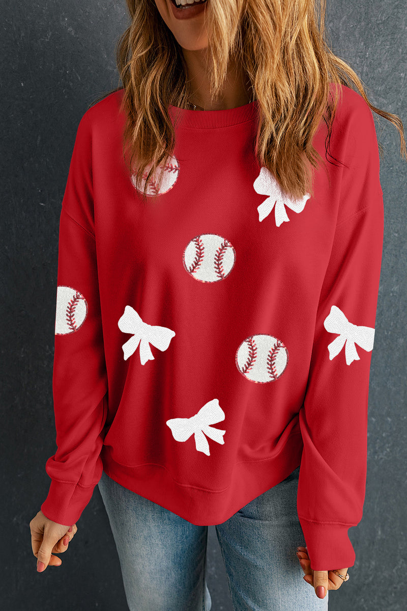 Sequin Baseball Bow Patched Pattern Game Day Pullover Sweatshirt