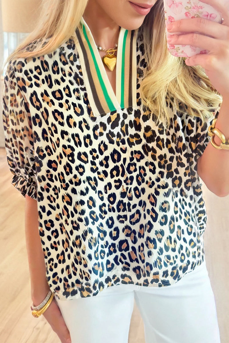 Leopard Color Block Contrast Striped V Neck Half Sleeve Loose Fit Blouse