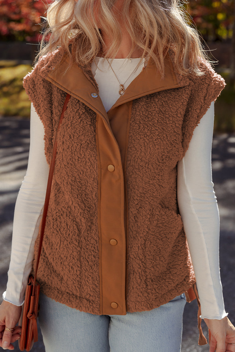 Faux Fur Snap Button Front Knot Side Plush Vest with Pockets