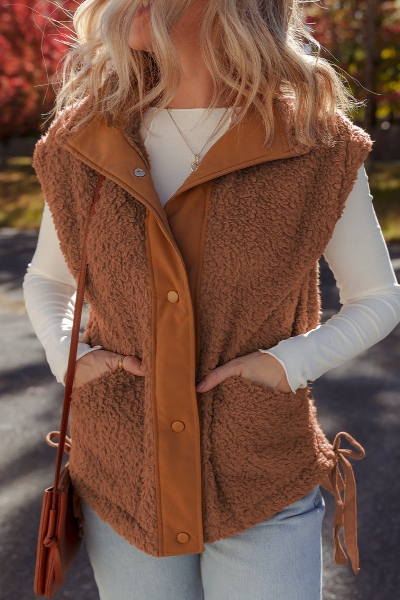 Faux Fur Snap Button Front Knot Side Plush Vest with Pockets