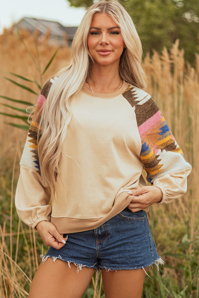 Light French Aztec Patchwork Raglan Pullover Sweatshirt