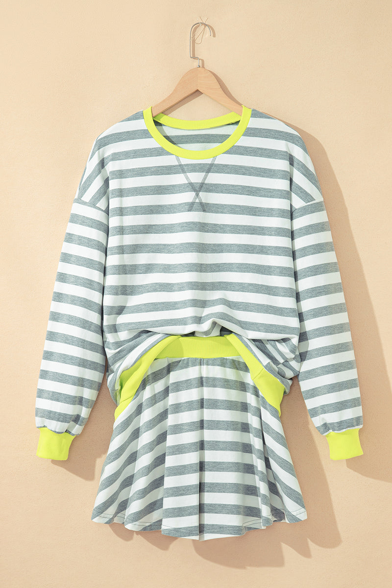 Stripe Contrast Ribbed Banding Long Sleeve Blouse Loose Shorts Set