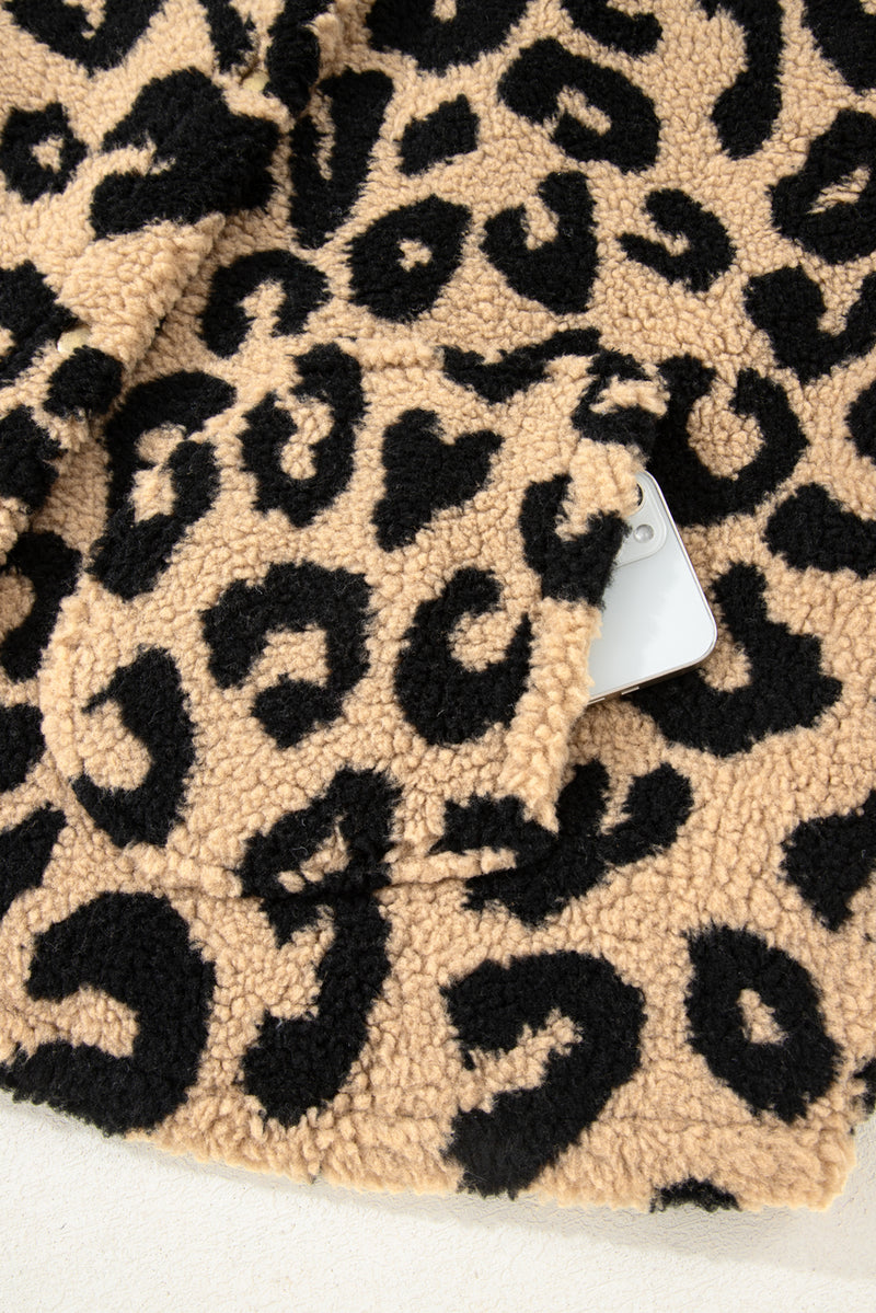 Leopard Sherpa Button Front Collared Plus Size Vest Jacket