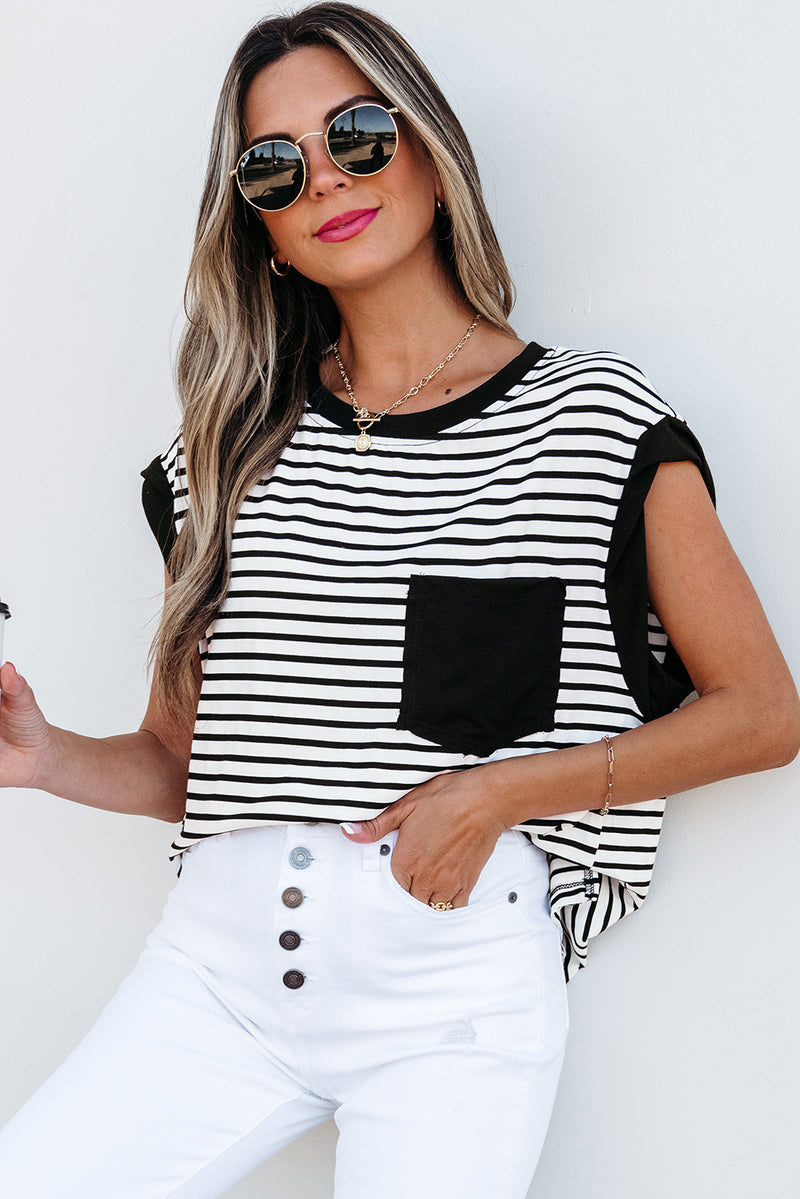 Stripe Chest Pocket Patch Round Neck Tank Top