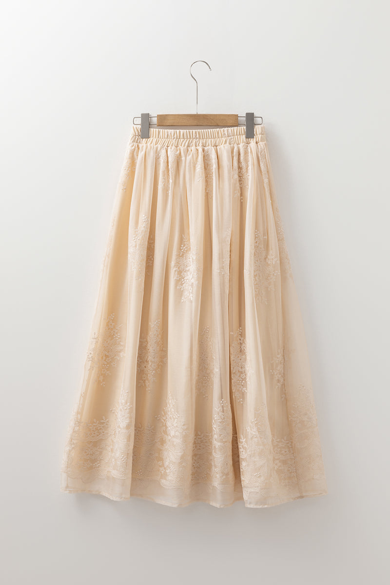 Embroidered Mesh Overlay Flowy Long Skirt