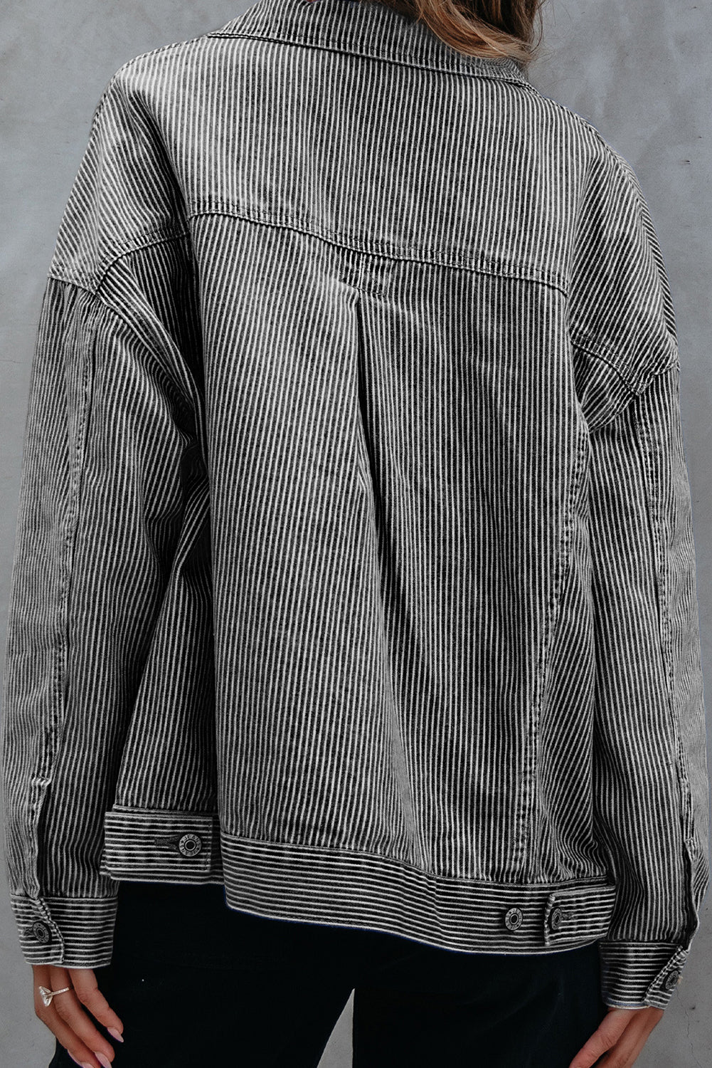Stripe Washed Oversize Pocketed Denim Jacket