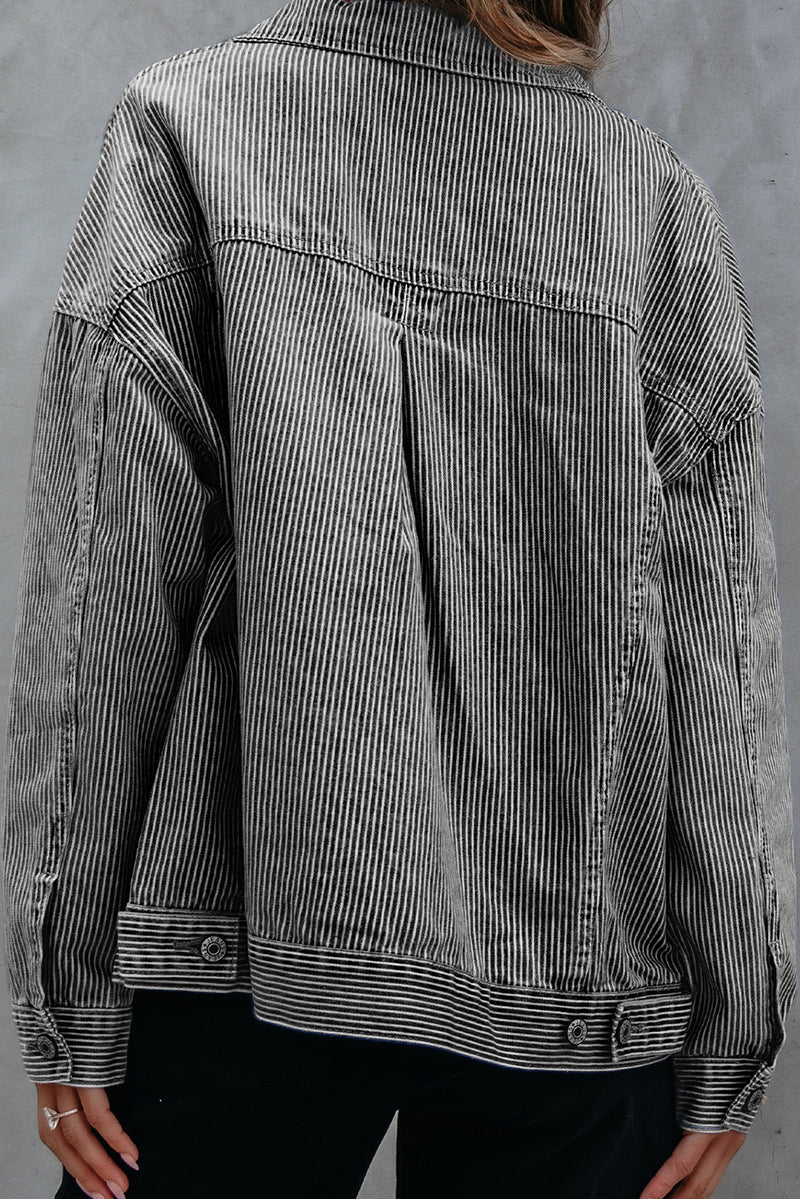 Stripe Washed Oversize Pocketed Denim Jacket