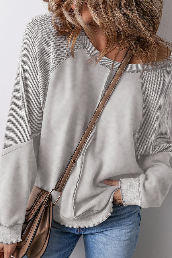 Solid Waffle Knit Patchwork Raglan Sleeve Sweatshirt