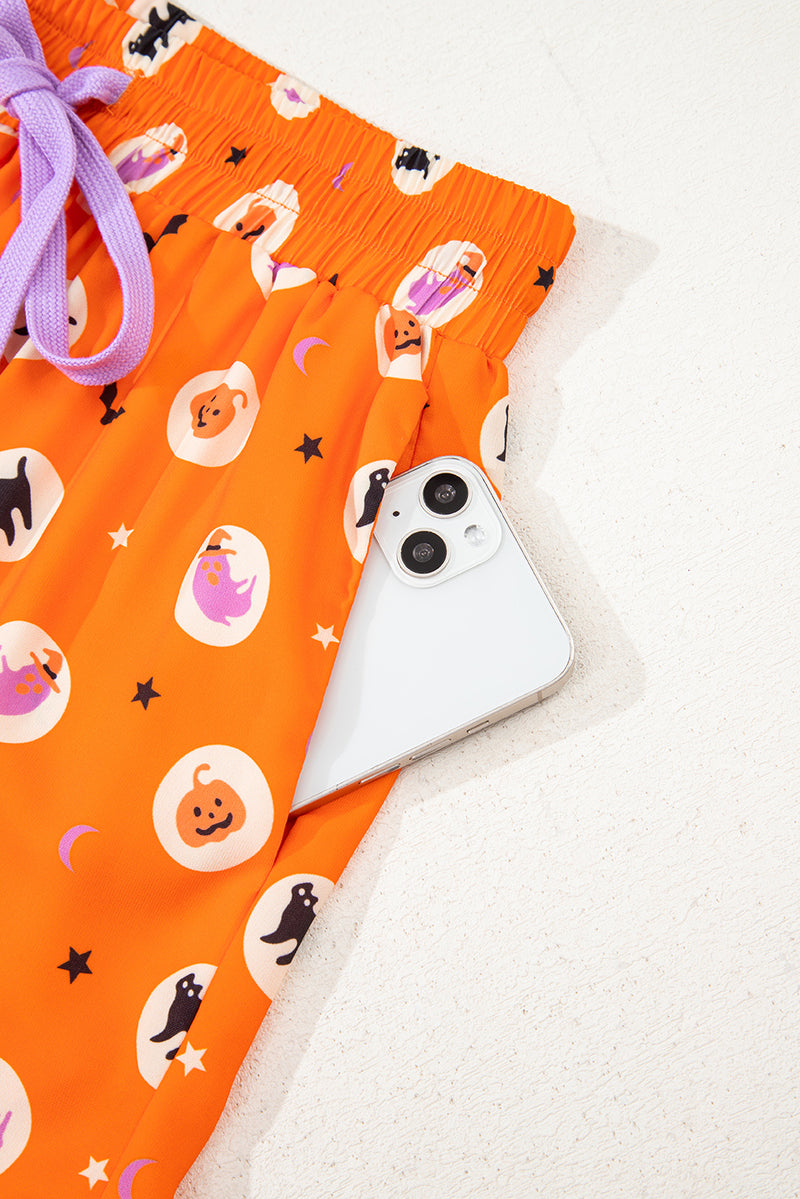 Halloween Print Lapel Shirt Long 2pcs Pajama Set
