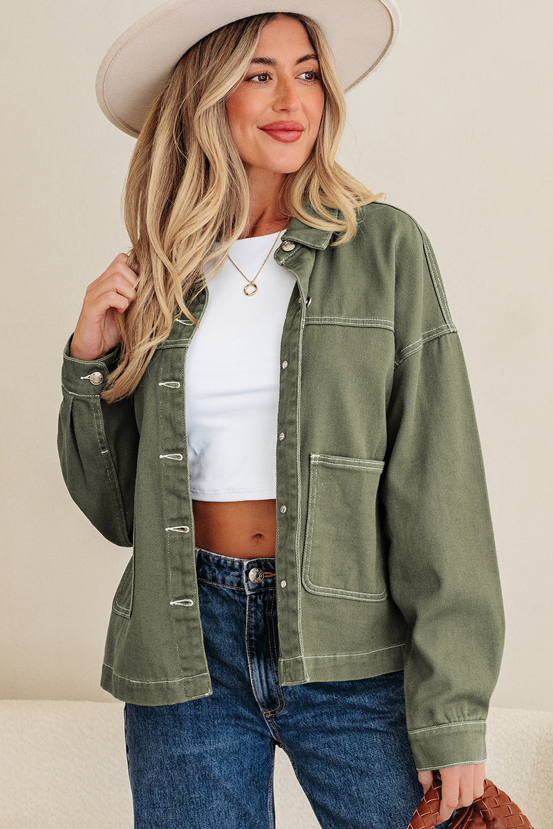 Moss Green Patched Pocket Collared Button Front Boyfriend Denim Jacket