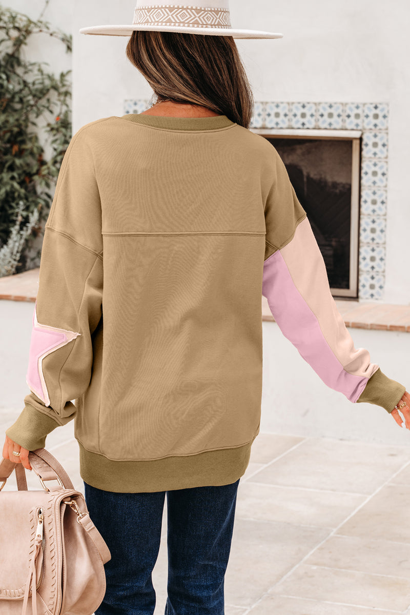 Contrast Star Patchwork Exposed Seam Uneven Hem Drop Shoulder Sweatshirt