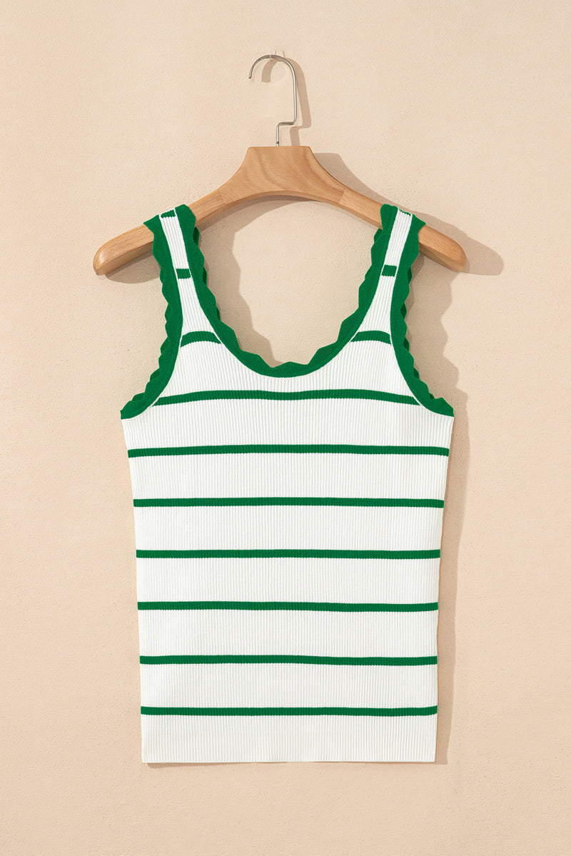 Striped Scalloped Edge U Neck Sleeveless Sweater Vest