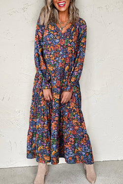 Print Tassel Tie V Neck Long Sleeve Flowy Long Dress