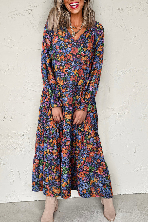 Print Tassel Tie V Neck Long Sleeve Flowy Long Dress