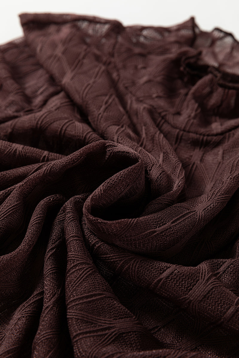 Sheer Mesh Patterned Lettuce Trim Slim Long Sleeve Top