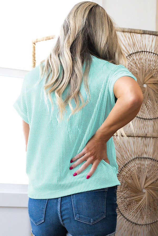 Light Blue Twisted Rib Contrast Pocket Knit Crew Neck Plus Size T Shirt