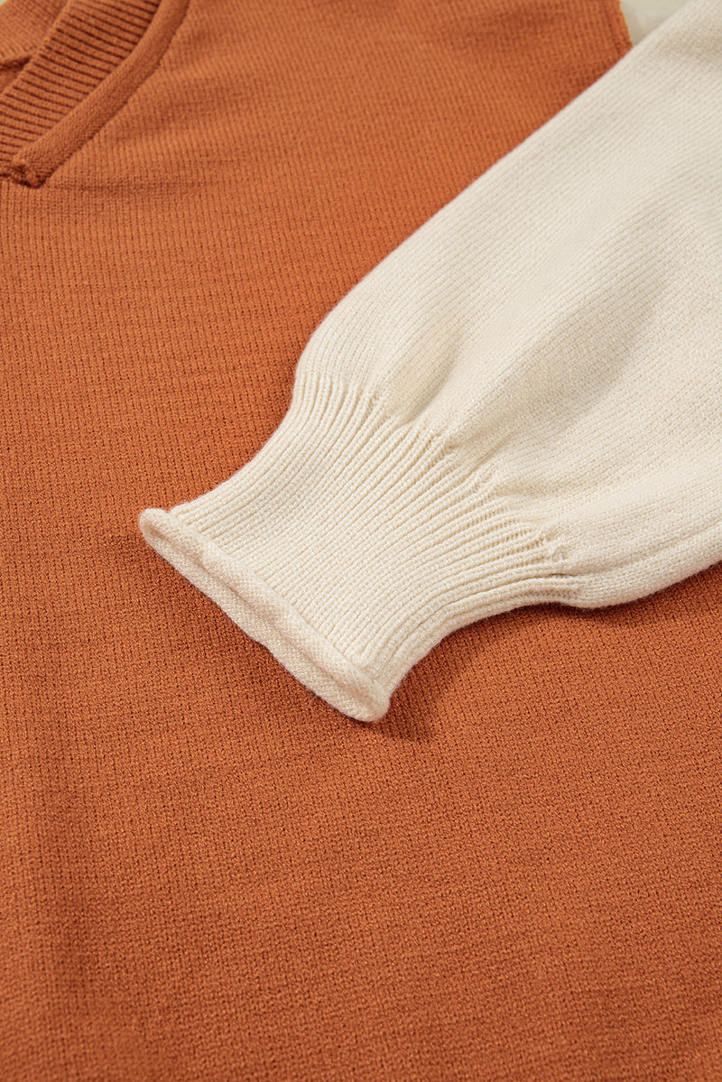 Colorblock Raw Edge Bubble Sleeve V Neck Sweater