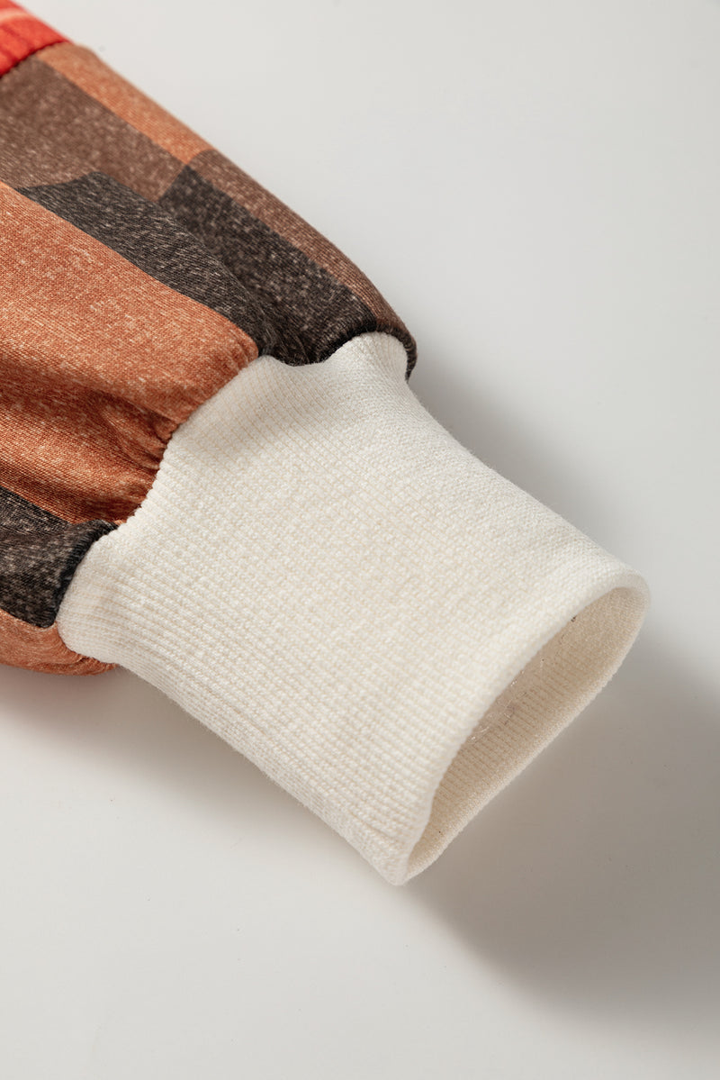 Contrast Plaid Long Sleeve Exposed Seam Patchwork Top