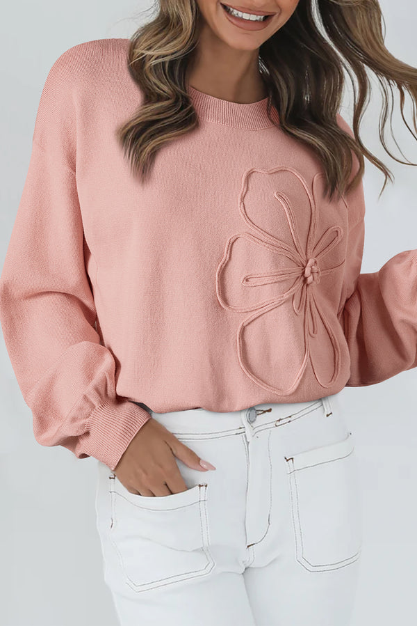 Blossom Big Flower Accent Bubble Sleeve Drop Shoulder Sweater
