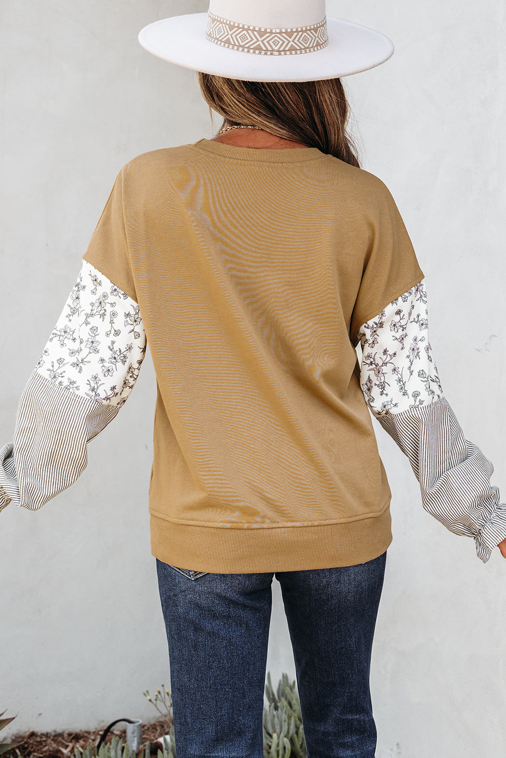 Floral Striped Patchwork Ruffled Sleeve Crew Neck Sweatshirt