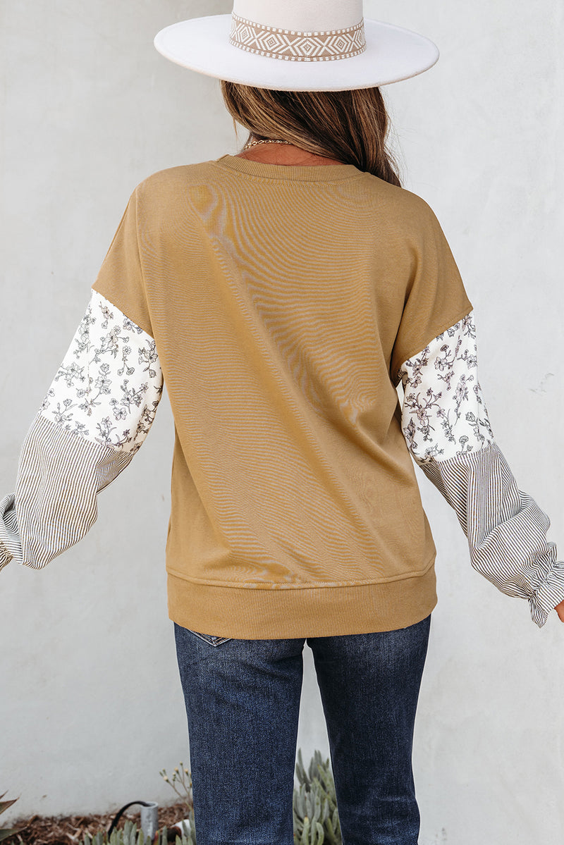 Floral Striped Patchwork Ruffled Sleeve Crew Neck Sweatshirt