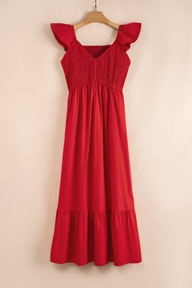 Solid V Neck Flutter Sleeve Smocked Bodice High Waist Ruffle Maxi Dress