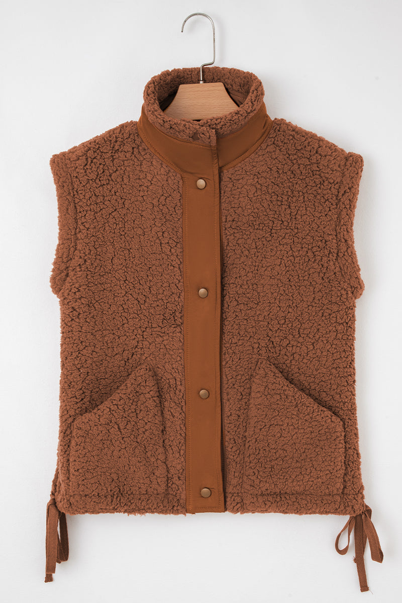 Faux Fur Snap Button Front Knot Side Plush Vest with Pockets
