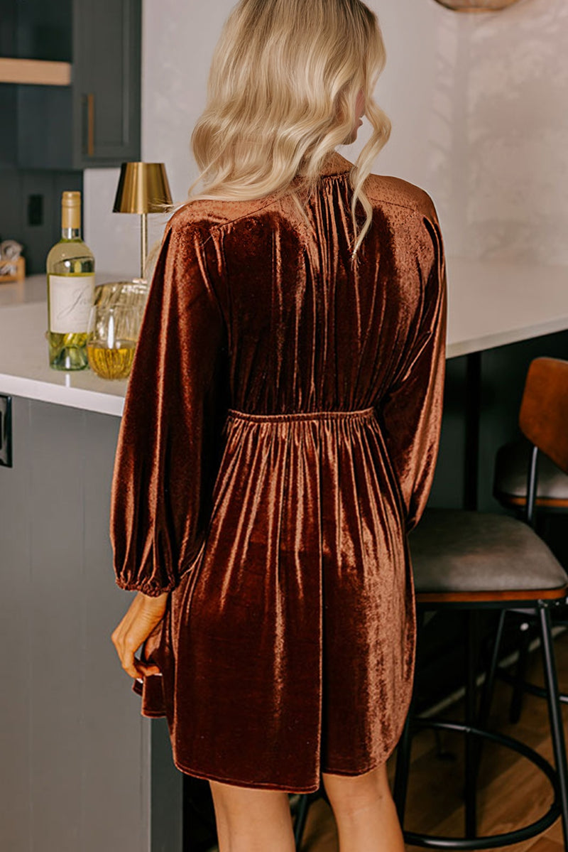 Elastic V Neck Puff Sleeve Short Velvet Dress
