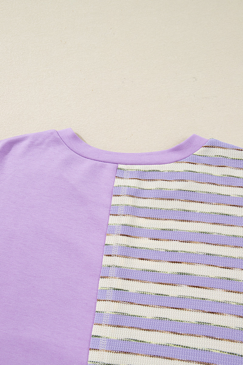 Stripe Patchwork Buttoned Drop Shoulder Plus Size Pullover