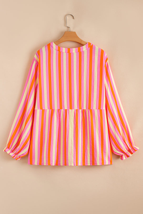 Stripe Crinkled Half Buttons V Neck Plus Size Blouse