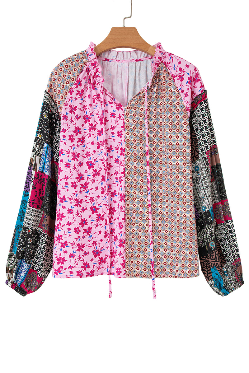 Boho Mixed Floral Drop Shoulder Bubble Sleeve Blouse