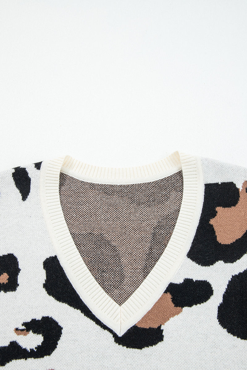 Beige Leopard Print Color Block Patchwork Sleeve V Neck Sweater