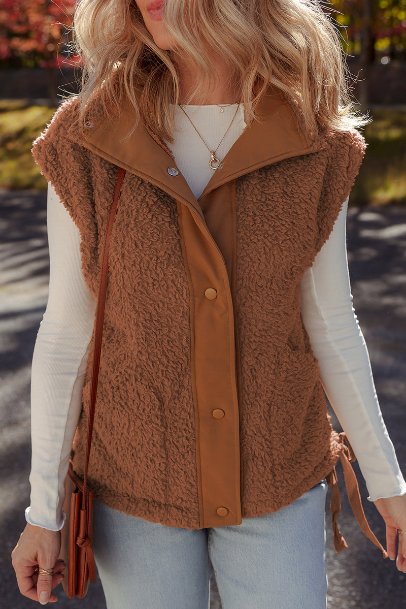 Faux Fur Snap Button Front Knot Side Plush Vest with Pockets