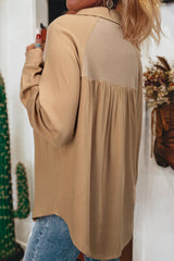 Light French Waffle Patchwork Button Up Frayed Hem Shirt