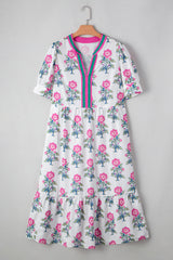 Allover Print Contrast Split Neckline Short Puff Sleeve Curvy Dress